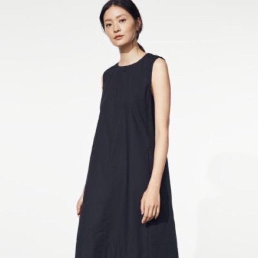 Eileen Fisher Organic Cotton Poplin A-Line Zip neck dress in navy